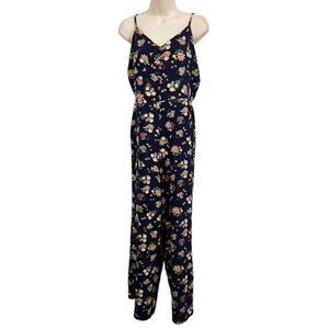 Pink Rose Jumpsuit Blue Floral Chiffon Wide Leg Spaghetti Straps